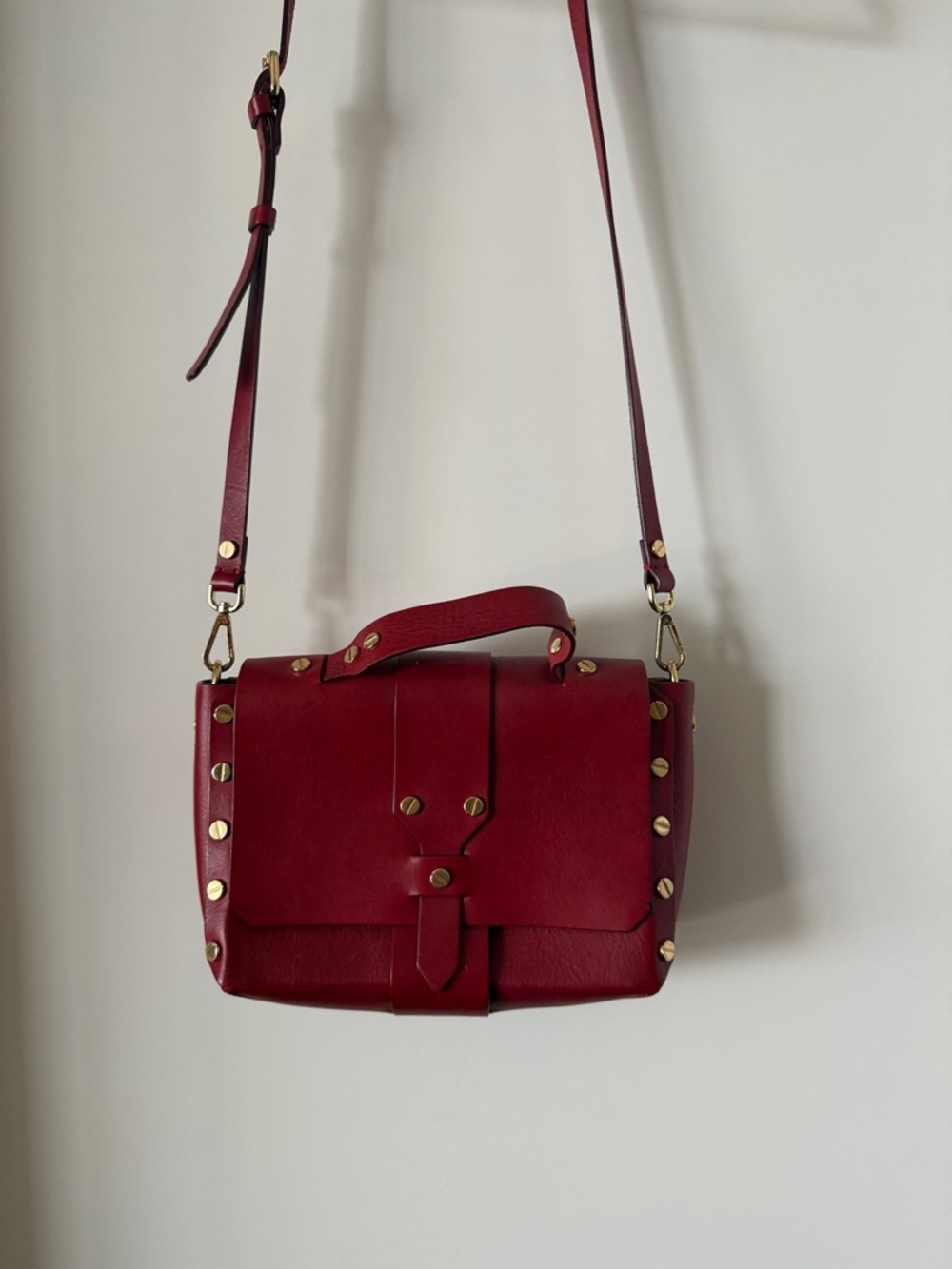 Sandro Women’s Red Leather Crossbody Satchel - Gold Stud Detail